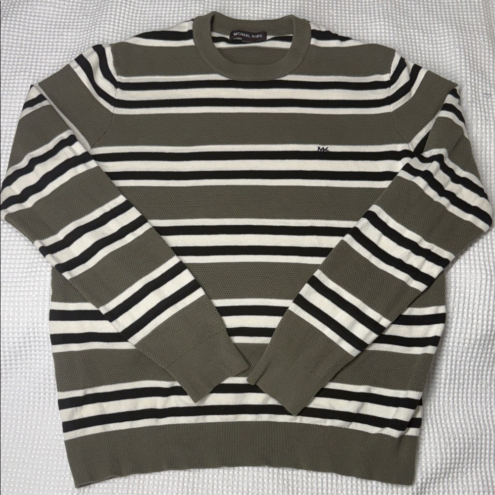Michael Kors Men's Olive and Black Striped Crewneck Sweater- Size Large